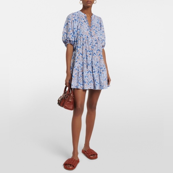 Poupette St Barth Dresses & Skirts - Poupette St Barth Aria Floral Tiered Puff Sleeve Dress in Blue and White Size XS